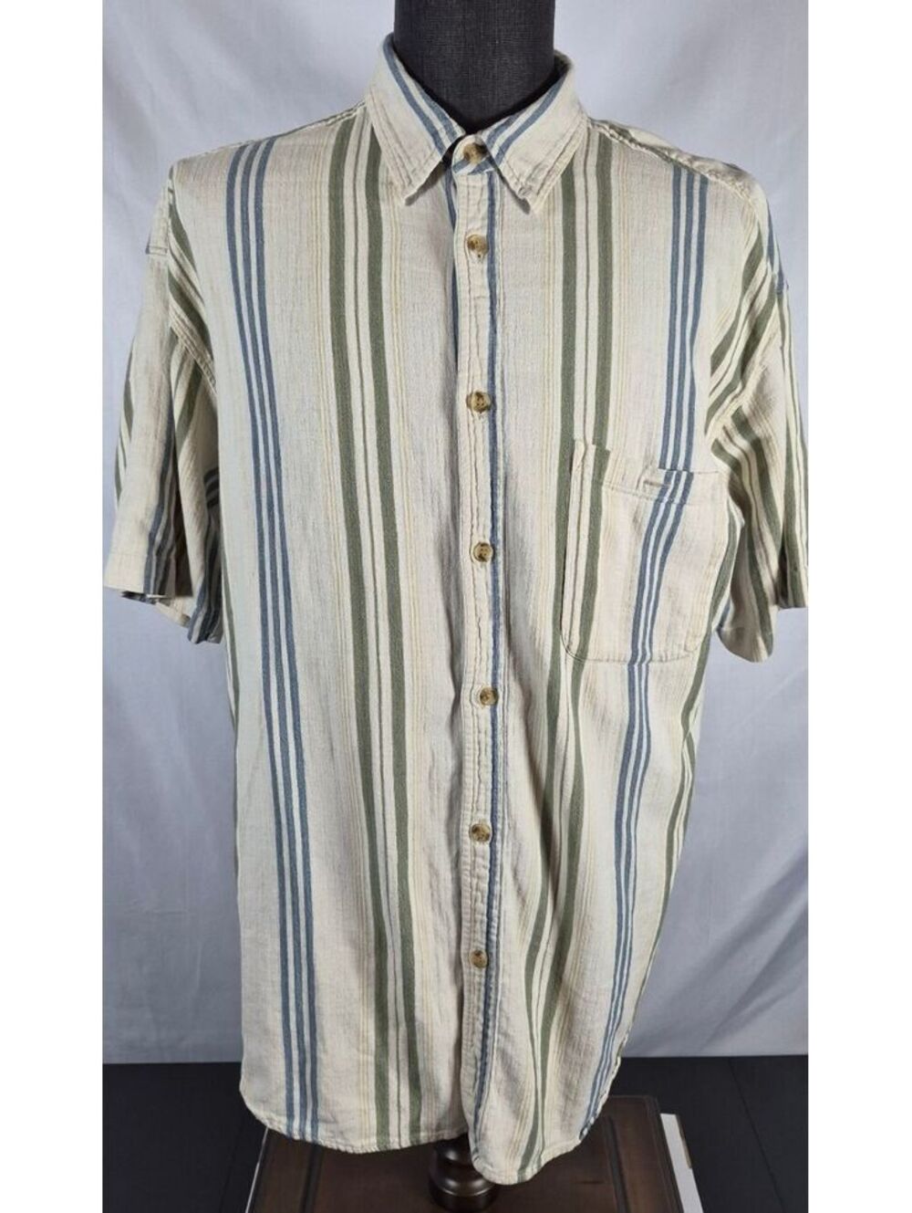 L.A. Blues Large Cotton Linen Blend Striped Short Sleeve Shirt